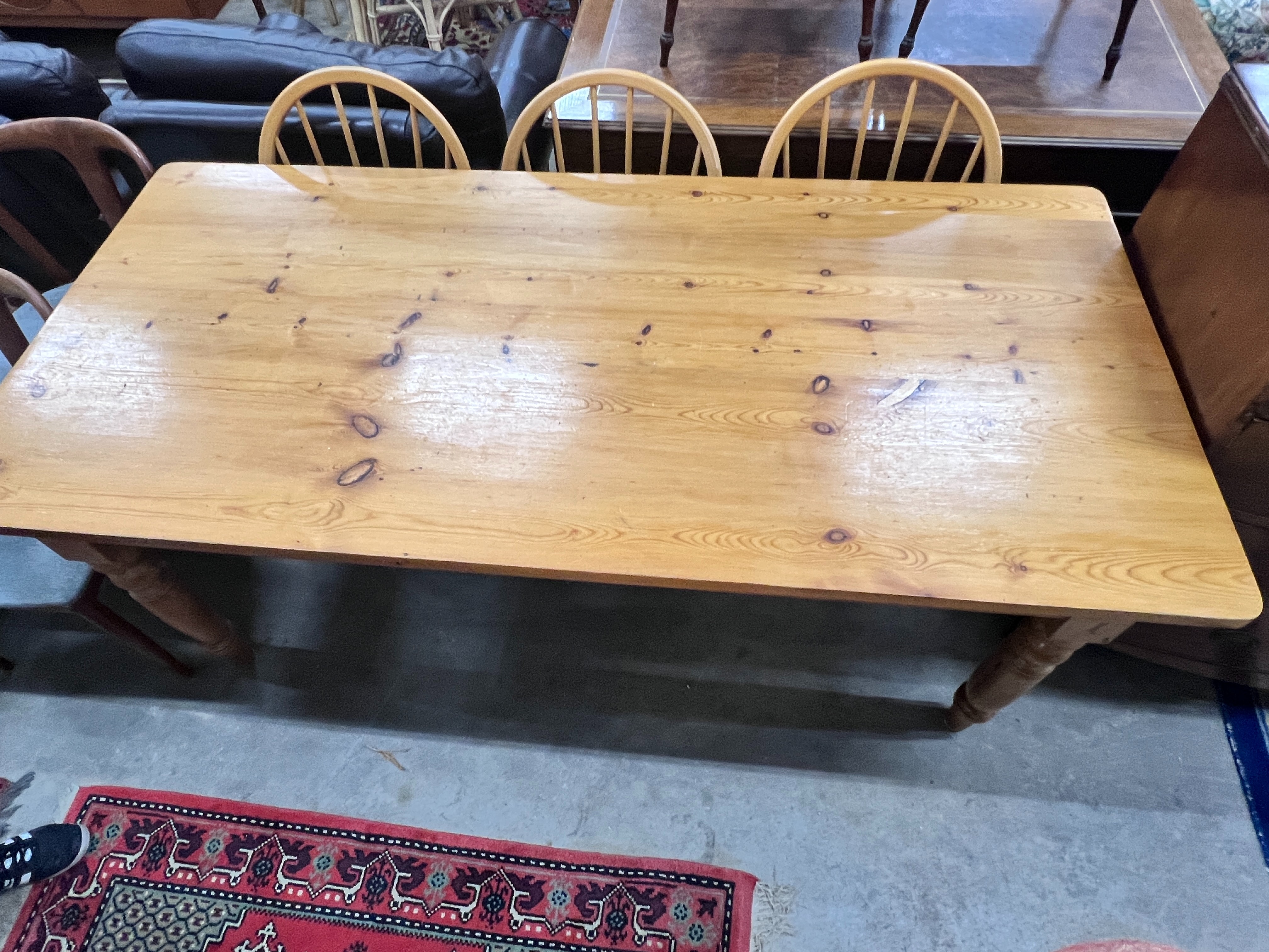 A Victorian style rectangular pine kitchen table, length 183cm, width 86cm, height 76cm